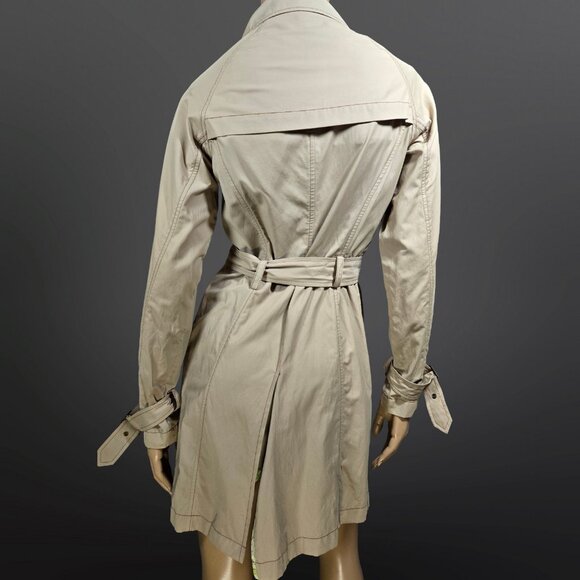 Y2K Miss Sixty Beige Trench Coat Size M Belted mid Length Jacket Double Breasted - Picture 7 of 12
